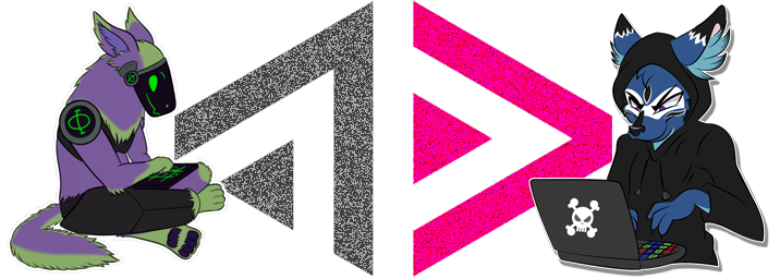 On the left side of the image, a purple and green protogen furry with a black face and green lights sits cross-legged while typing on a wireless keyboard. On the right side of the image, a blue dhole furry in a black sterotypical hacker hoodie smirks menacingly while typing on a laptop with RGB keys and a skull and crossbones sticker. Between the two is the ActivityPub logo, filled with static, signifying that some of their messages are encrypted over ActivityPub.