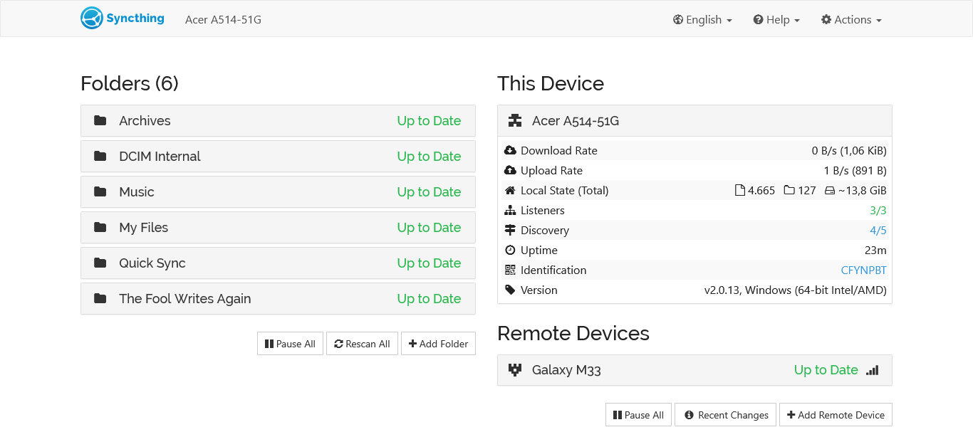 screenshot of Syncthing dashboard, with few folders configured and one device connected